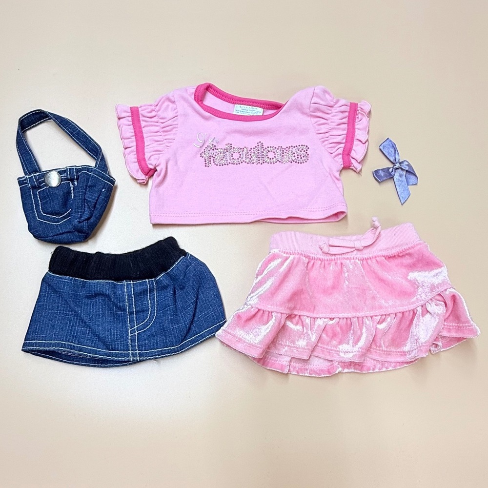 Build a Bear Clothing Lot Pink Fabulous Shirt Velvet Skirt Denim Bag 5pc Set